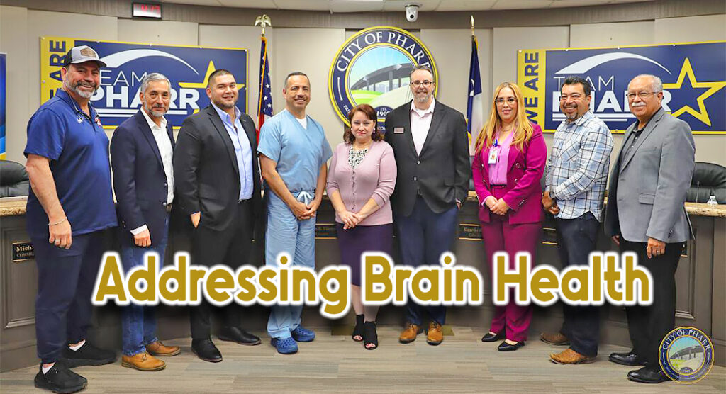 City of Pharr Awarded HBI Grant  (Pictured L to R): Commissioner Bobby Carrillo, Commissioner Dr. Ramiro Caballero, Commissioner Michael Pacheco, Mayor Dr. Ambrosio Hernandez, Maxine P. Vieyra, South Texas Alzheimer's Program Manager, Gregory Sciuto, Region 7 Leader and Executive Director, San Antonio & South Texas, Dr. Cynthia Gutierrez, the Director of Public Health for the City of Pharr, Commissioner Daniel Chavez, and Commissioner Ricardo Medina.  Courtesy Image