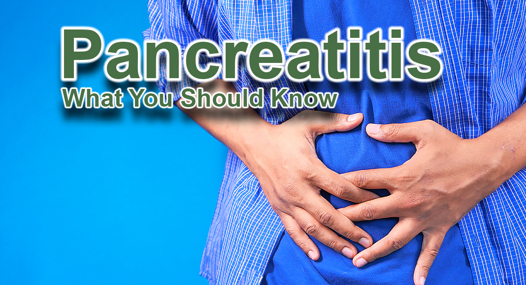 Pancreatitis is inflammation of the pancreas, a long, flat gland that lies horizontally behind your stomach. The pancreas produces enzymes for digestion and hormones that regulate the way your body processes sugar. Image for illustration purposes