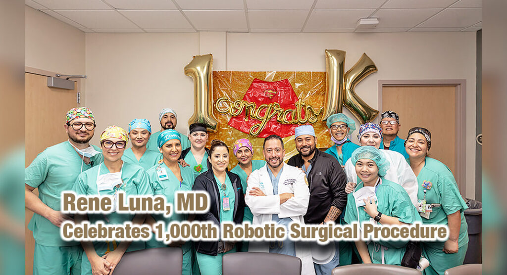 Dr. Rene Luna, a distinguished expert in Robotic Surgical Gynecology, celebrated the milestone of completing his 1,000th robotic surgical procedure on March 20, 2024. Pictured center, with his white coat on, is Dr. Luna with the proud DHR Health surgical tech team. Image Courtesy of DHR Health 