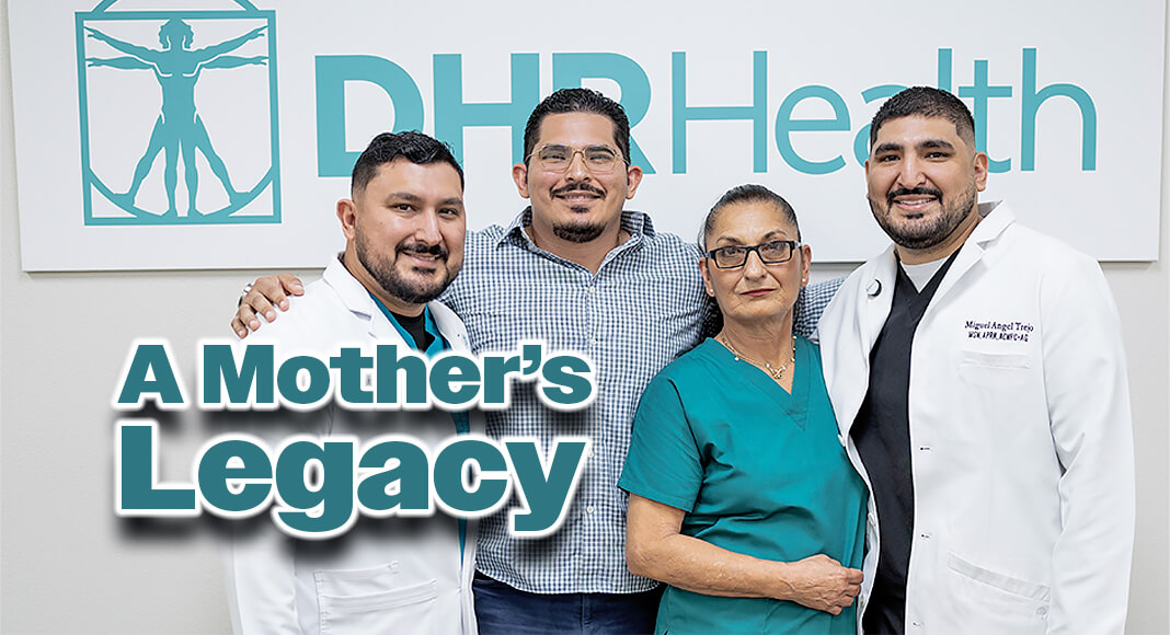 Margarita Trejo stands alongside her three sons—Miguel (right), Samuel (left), and Hector (middle)—all of whom have followed her example of dedication and now work in healthcare at DHR Health. Her journey is a testament to the power of love, resilience, and a mother’s unwavering support. Image courtesy of DHR Health