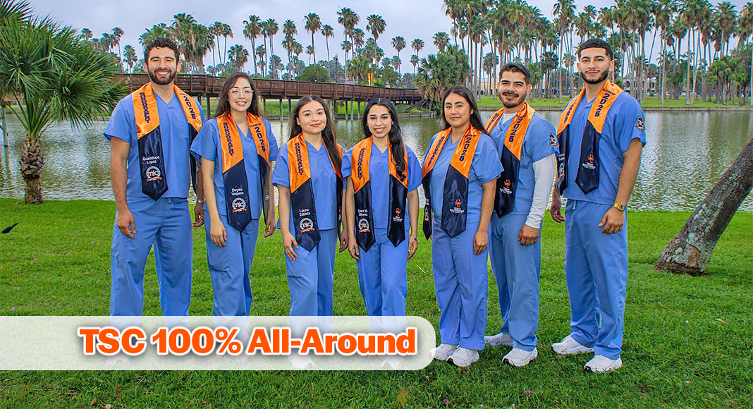 Pictured together in celebration are: Guadalupe Lopez – Hired at Valley Baptist Medical Center Harlingen, Deyra Vaquera – Hired at Valley Regional Medical Center, Laura Zubieta – Hired at Valley Regional Medical Center, Sara Olivarez – Hired at Knapp Medical Center and RGV Vascular and Vein Institute, Ashley Contreras – Hired at Harlingen Medical Center, Jose Velasco Jr. – Hired as a Cardiac Sonographer at Valley Regional Medical Center, Devin Guajardo – Hired at Valley Baptist Medical Center Brownsville. Image courtesy of TSC