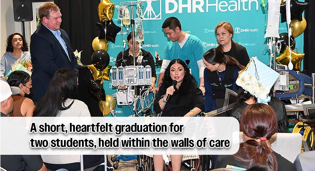 DHR Health hosted a deeply moving graduation ceremony for the children of Bobbie Adame, a patient currently receiving advanced life support through ECMO (Extracorporeal Membrane Oxygenation). Photo by Roberto Hugo González