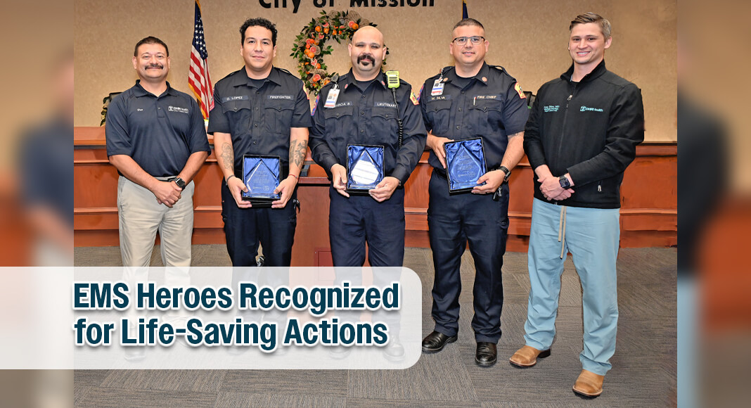 Daniel Tuttle, Oscar Lopez, Pilar Garcia, Fire Chief Silva, and DHR Health Trauma Surgeon Dr. Ryan Shine stand together to recognize the Mission EMS team’s pivotal role in launching the region’s first direct-to-operating-room trauma care initiative. Photo by Roberto Hugo González