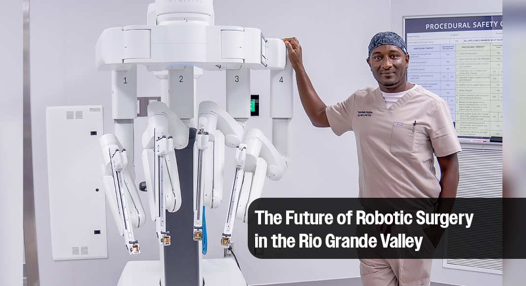 A pioneer in robotic surgery in South Texas over the last decade, STHS Edinburg has added the DV5, Intuitive Surgical’s most advanced robotic surgical system to date, to its fleet. STHS’s Dr. Diagne poses with the new system. Image courtesy of STHS