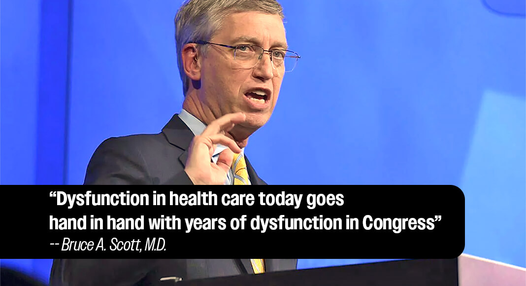 American Medical Association (AMA) President Bruce A. Scott, M.D., delivered the final speech of his presidency to the AMA House of Delegates, offering a frank assessment of challenges within our health system, and urging physicians to channel anger and frustration into advocacy and action. Image courtesy of AMA