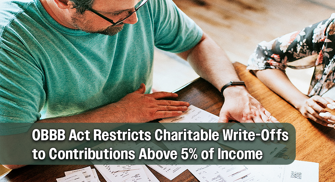 The law states that “effective for years after 2025, for taxpayers who itemize non-business deductions, only contributions over 5% of adjusted gross income will count towards the deduction for charitable contributions.” Image for illustration purposes