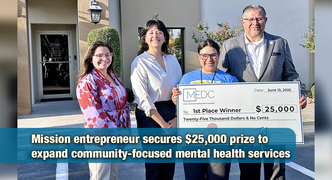 Dr. Maria Palomo, founder of Consuelo Behavioral Health Services, receives a $25,000 award check from Mission EDC CEO Cleto Garcia as part of the Ruby Red Ventures competition. Courtesy photo