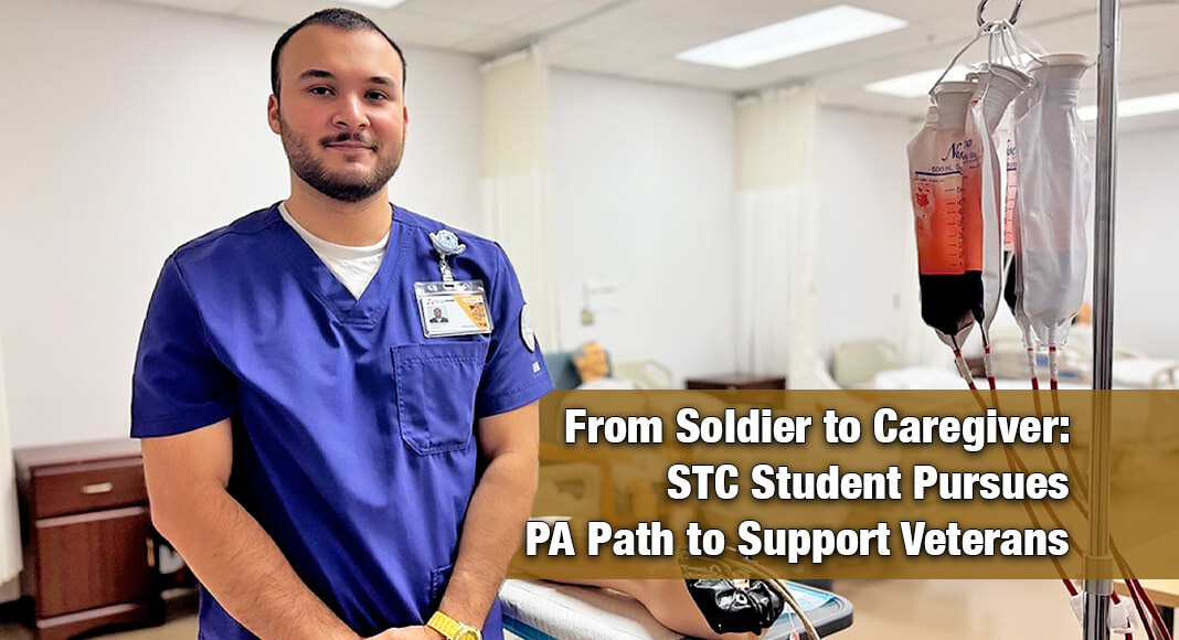After serving three years in the U.S. Army, South Texas College student Miguel Salinas is taking the first steps toward a career as a physician assistant through the college’s Patient Care Technician program, gaining experience to one day care for fellow veterans. STC image