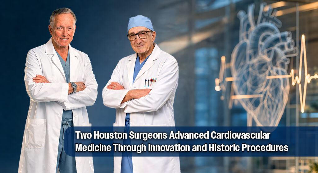 L-R: Dr. Denton Cooley and Dr. Michael DeBakey. AI images