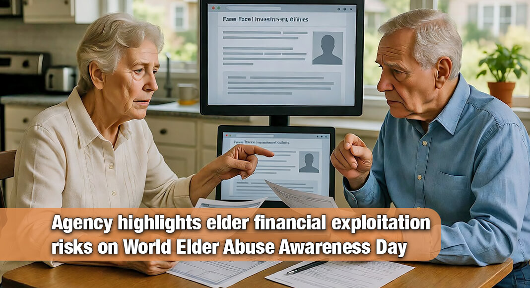 An elderly couple reviews financial documents at their kitchen table, reflecting the importance of discussing investment decisions, recognizing fraud risks, and protecting retirement savings from financial exploitation. The Texas State Securities Board encourages seniors and their families to remain vigilant against investment scams and report suspicious activity promptly. Image for illustration purposes