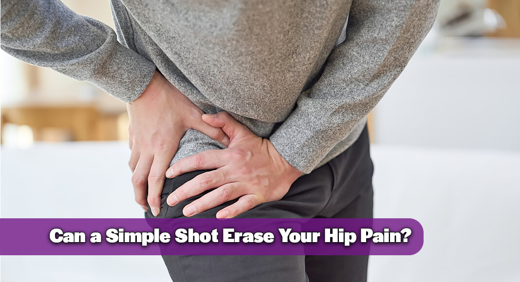 A cortisone shot is an injection containing a steroid. A person with hip pain due to injury or disease may receive a cortisone shot to help treat pain and inflammation in the hip joint. Image for illustration purposes
