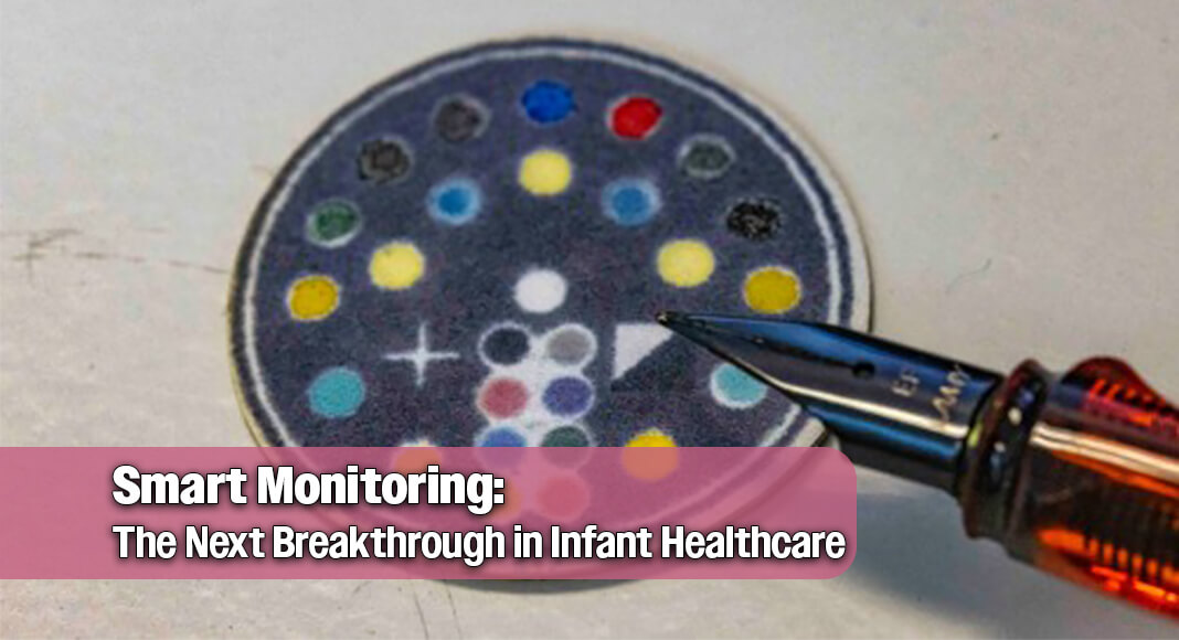 The colorimetric dots on this neonatal patch can track temperature, pH, glucose levels, and sodium, providing valuable information on the health of a newborn without wires or electronic monitors. Image: Silklab via Newswise