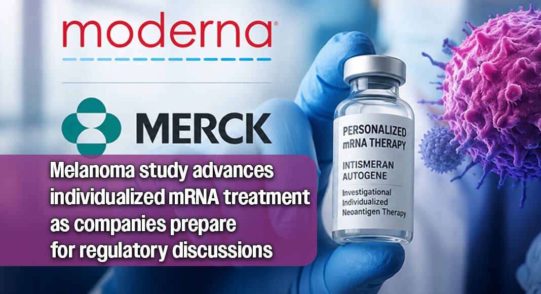 Moderna and Merck are advancing an investigational personalized mRNA cancer therapy, intismeran autogene, in combination with Keytruda (pembrolizumab), following positive Phase 3 results in patients with high-risk melanoma. The individualized treatment is designed to help the immune system recognize and attack cancer cells based on characteristics of each patient’s tumor. Image for illustration purposes.
