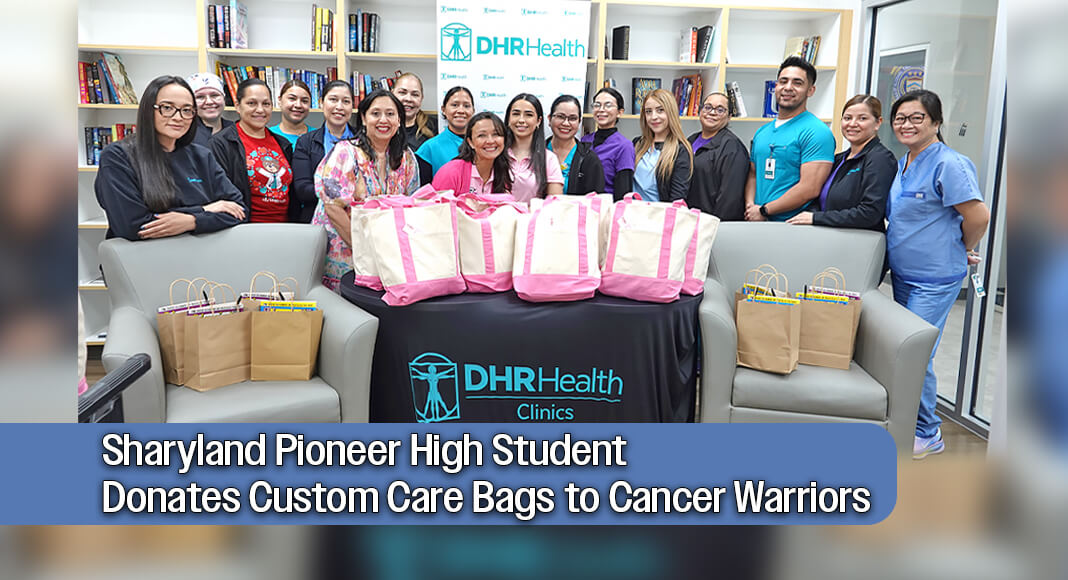 Taking Time to Help Others: Pictured center is Matilde Curiel, a senior at Sharyland Pioneer High School, along with her mom and high school teacher, surrounded by the dynamic nursing team members at DHR Health’s Oncology Institute. Curiel gave out care bags to all cancer patients who were receiving treatment in honor of Breast Cancer Awareness Month.