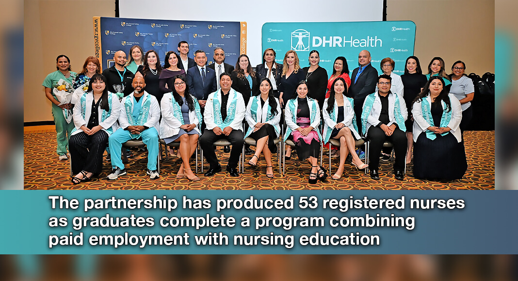 DHR Health and Rio Grande Valley College executives, nursing graduates, and key supporters of the Registered Nurse Apprenticeship Program gather for a group photograph during the fifth graduating class ceremony on September 3, 2026, at the Edinburg Conference Center at Renaissance. The partnership has produced 53 registered nurses across five graduating classes, helping strengthen the Rio Grande Valley’s healthcare workforce. Photo by Mega Doctor News