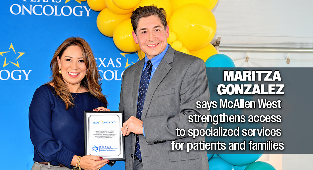 Maritza Gonzalez, founder and director of the Texas Healthcare Alliance Chamber of Commerce, presents a plaque to Dr. Guillermo Lazo, Area Medical Director for the Rio Grande Valley and a Texas Oncology physician specializing in medical oncology and hematology, during the grand opening of Texas Oncology McAllen West. Photo by Texas Border Business. Photo by Mega Doctor News (MDN)