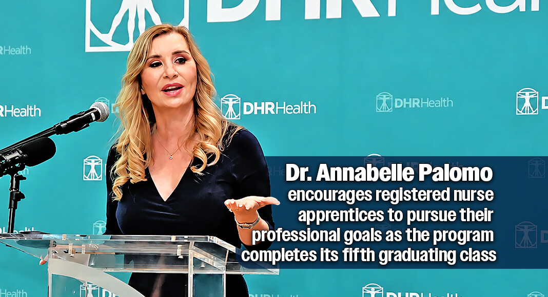 Dr. Annabelle Palomo, Chief Executive Officer and School Director of Rio Grande Valley College, delivers remarks during the fifth DHR Health Registered Nurse Apprenticeship Graduation Ceremony on September 3, 2026, at the Edinburg Conference Center at Renaissance. Palomo recognized the partnership between RGV College and DHR Health and encouraged graduates to continue their professional development and pursue new opportunities in nursing. Photo by Mega Doctor News.